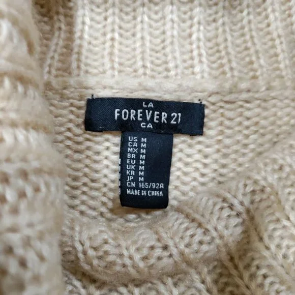 Forever 21 Cable Knit Cowl Neck Sweater Beige Cropped M/L - Picture 4 of 8